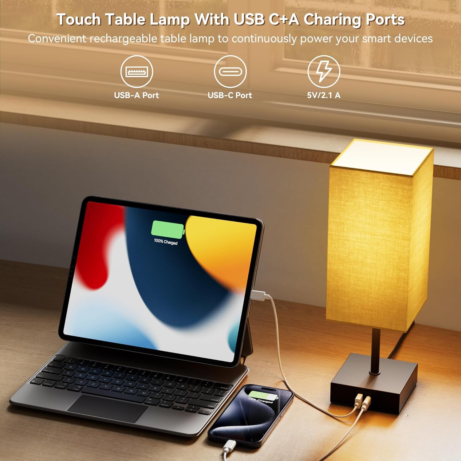 Table Lamp with USB C USB a Port,Square Touch Lamp for Bedroom with 3 Way Dimmable 2700K Warm Light, Beige Fabric Lamp Shade Small Lamp for Night Stand LED Bulb Included