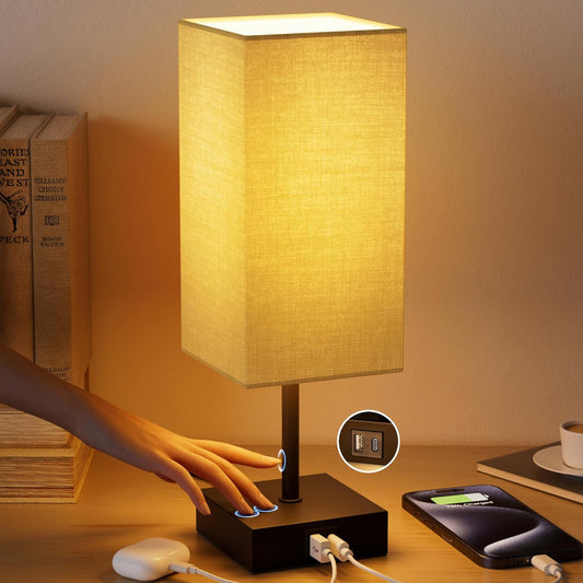 Table Lamp with USB C USB a Port,Square Touch Lamp for Bedroom with 3 Way Dimmable 2700K Warm Light, Beige Fabric Lamp Shade Small Lamp for Night Stand LED Bulb Included