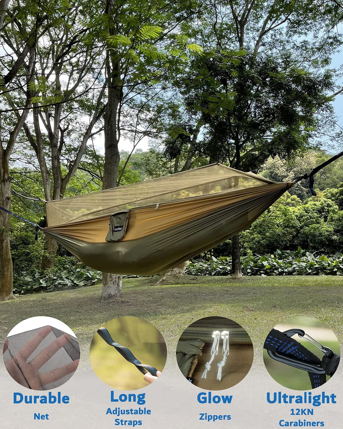 Camping Hammock, Portable Single & Double Hammock with Net, 2 Person Hammock Tent with 2 * 10Ft Straps, Best for Outdoor Hiking Survival Travel